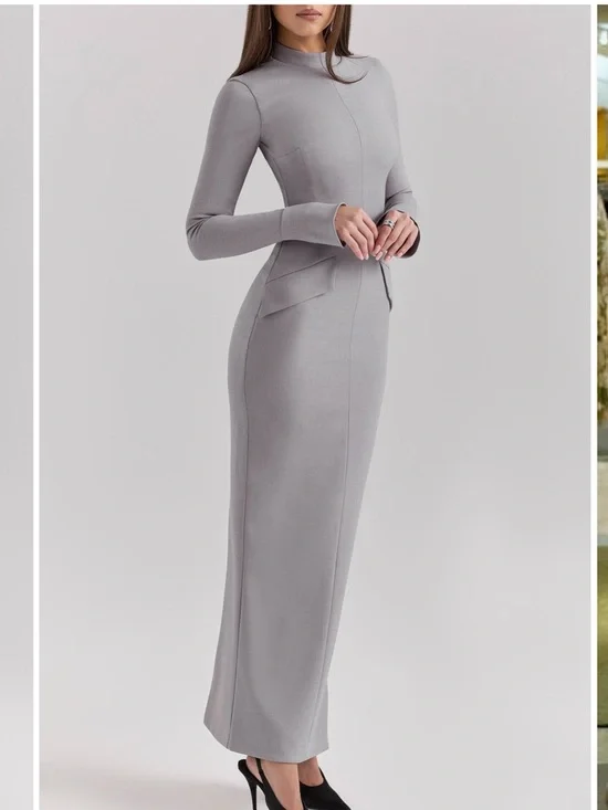 House of CB Long Sleeve Grey Fitted Maxi Dress - Picture 2 of 6